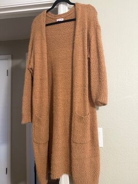 Pink Lily Long Open-Front Cardigan in Camel/Tan